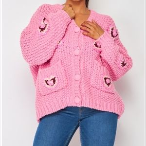 Pink Chunky Knit Cardigan Sweater with Floral Hearts Detail